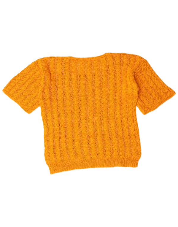 vintage Womens Crop Boat Neck Jumper Pull UK 14 Jaune Moyen