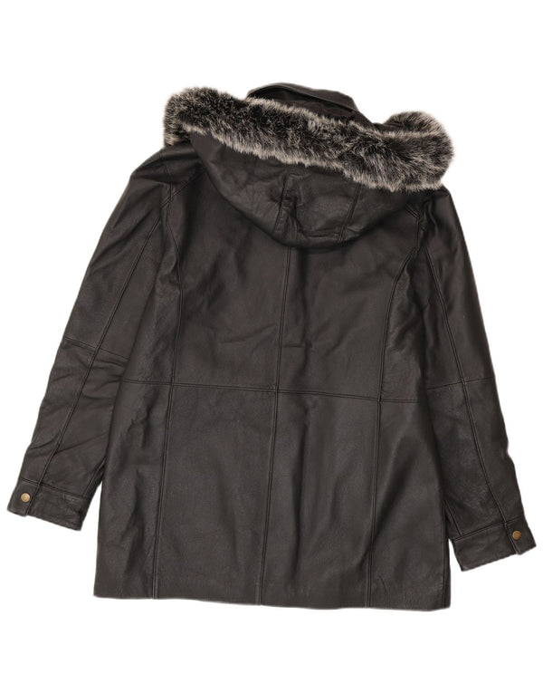 veste en cuir à capuche femme vintage UK 14 Medium Black