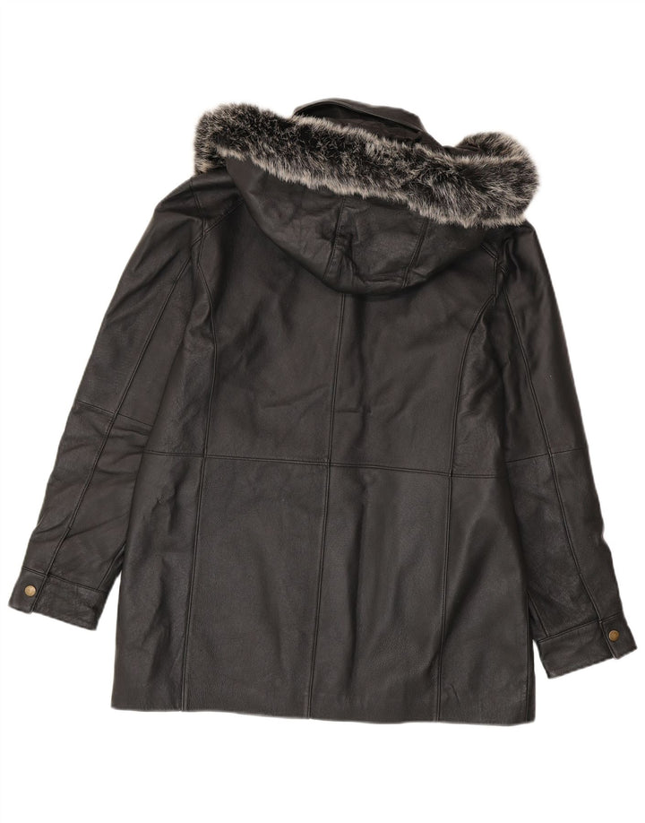 veste en cuir à capuche femme vintage UK 14 Medium Black