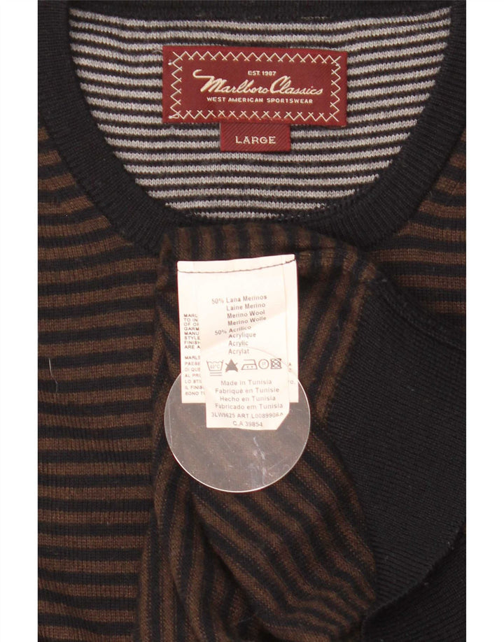 Marlboro Classics Pull à col rond pour homme en laine à fines rayures marron