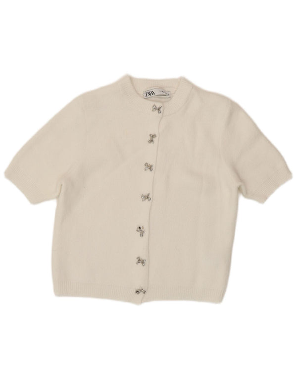 Zara Cardigan à manches courtes pour femme UK 12 Medium White Polyamide
