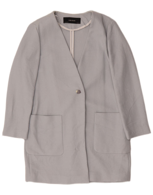 Zara Womens Longline 1 Button Blazer Jacket UK 14 Bleu Moyen Coton