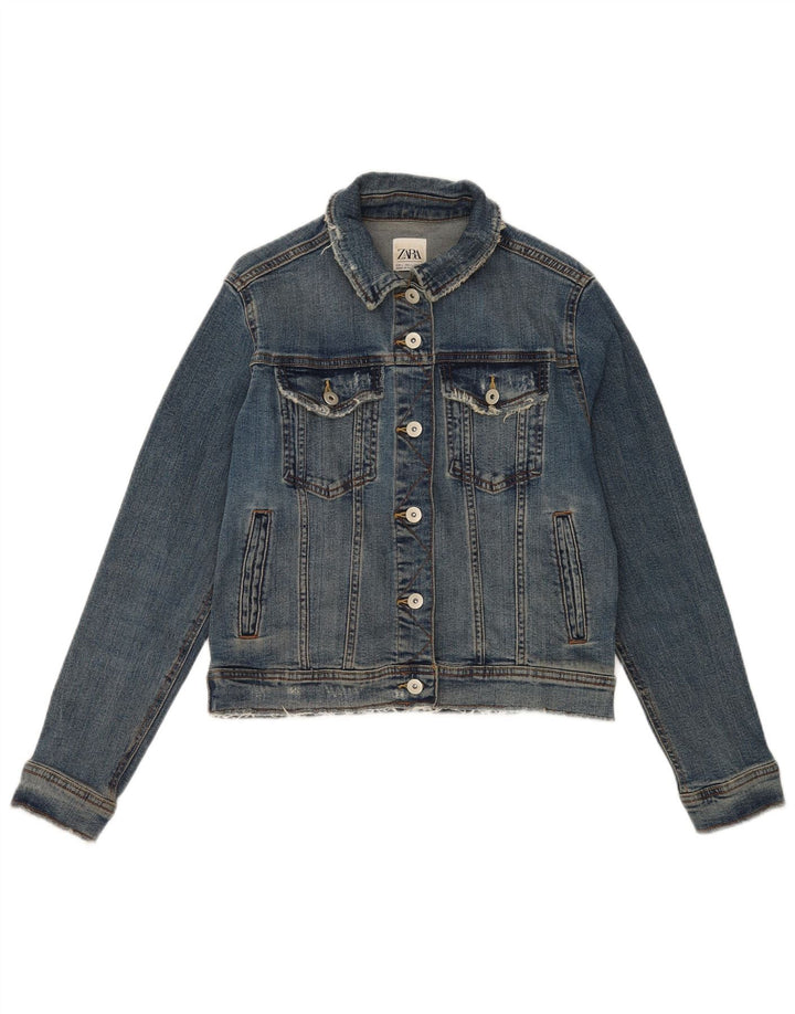 Zara Womens Crop Denim Jacket UK 16 Grand Bleu Coton