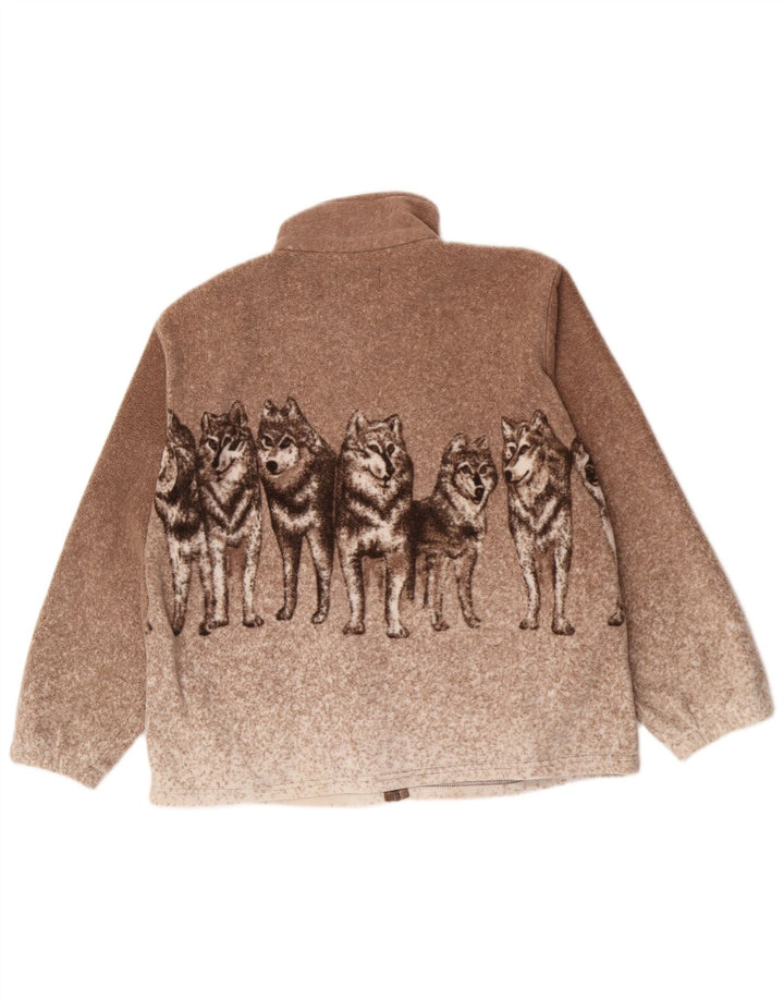vintage Mens Wolf Graphic Fleece Jacket UK 38 Moyen Brun Moucheté