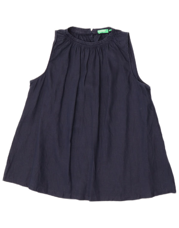 Benetton Chemisier sans manches pour femme UK 10 Petit Bleu Marine Lin