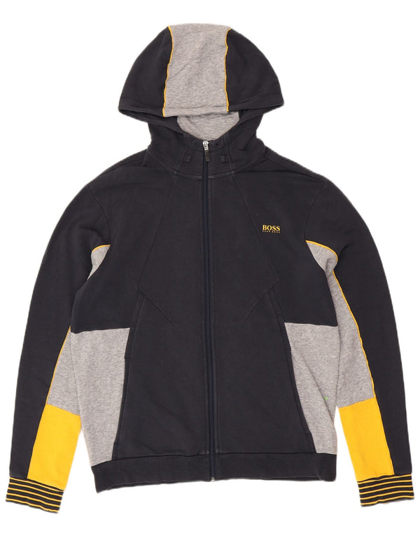 HUGO BOSS Pull à capuche zippé coupe classique pour hommes, grand color block bleu marine