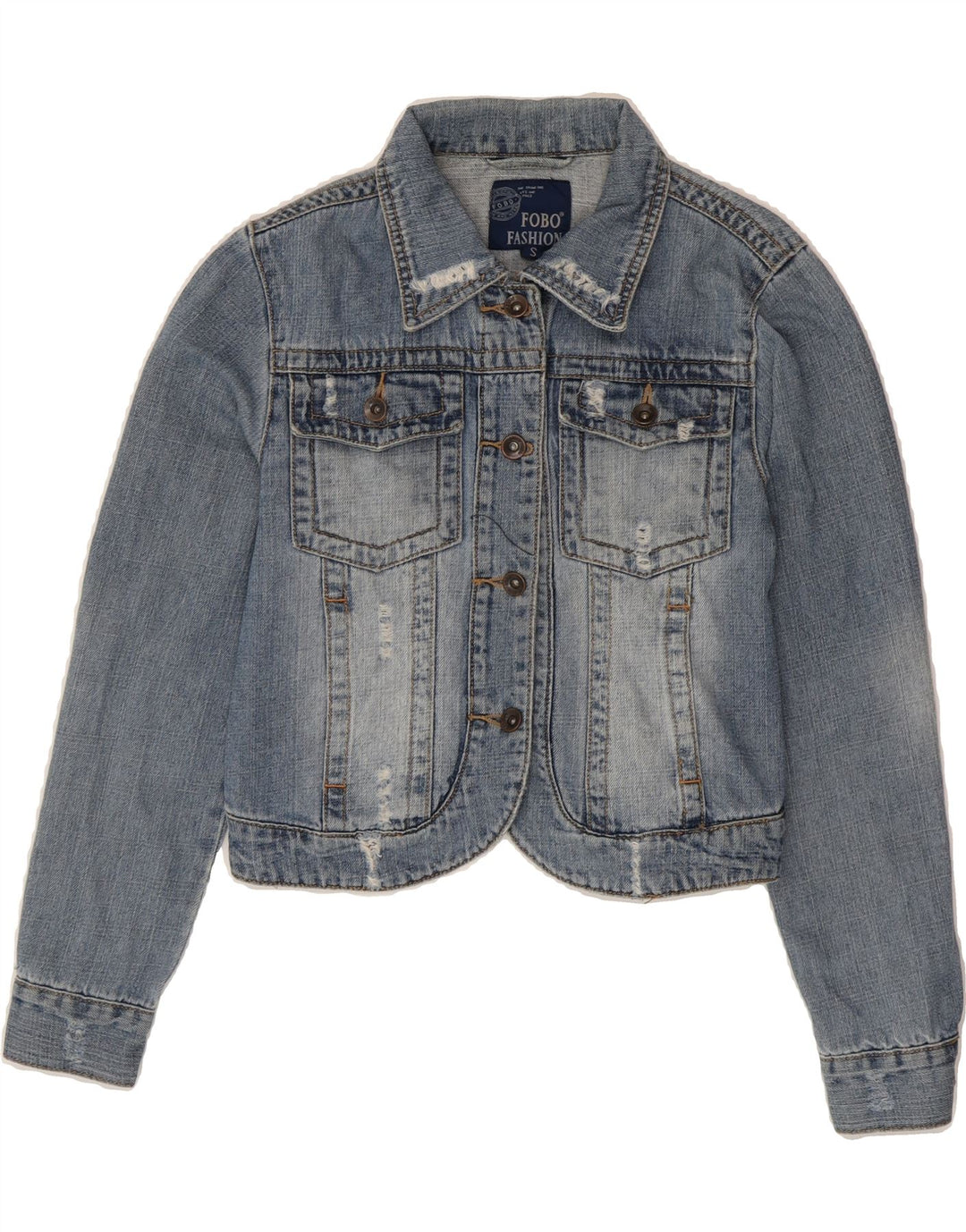 VINTAGE Womens Crop Denim Jacket UK 10 Small Blue Cotton Vintage Vintage and Second-Hand Vintage from Messina Hembry 
