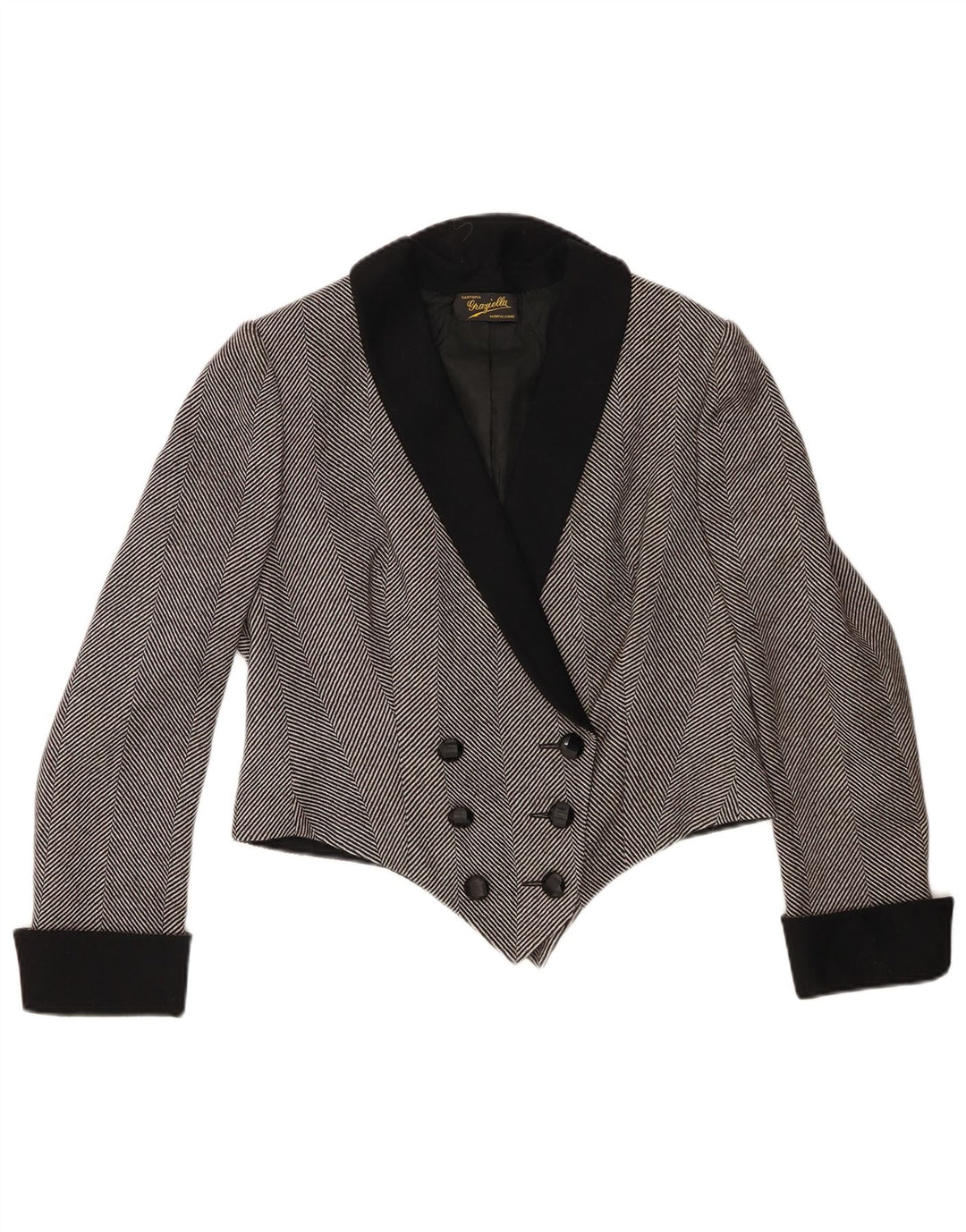 vintage Femme Crop Blazer Veste UK 14 Moyen Gris Chevrons