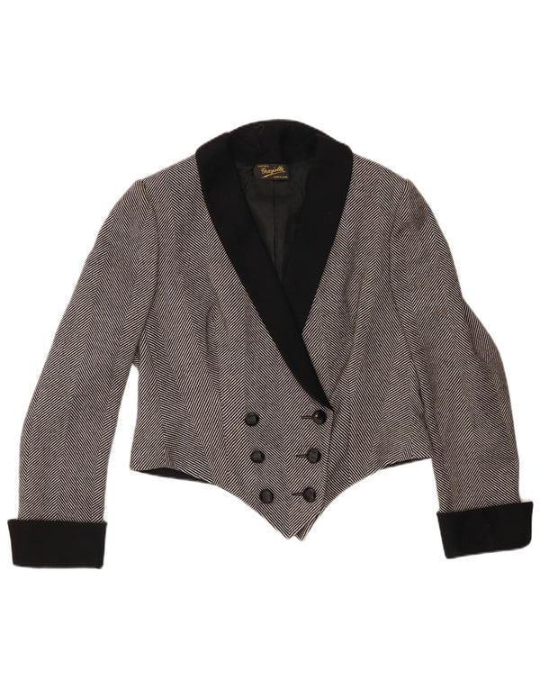 vintage Femme Crop Blazer Veste UK 14 Moyen Gris Chevrons