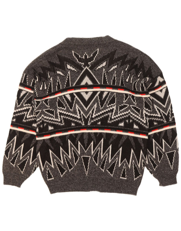 vintage Mens Cardigan Sweater XL Gris Géométrique Acrylique