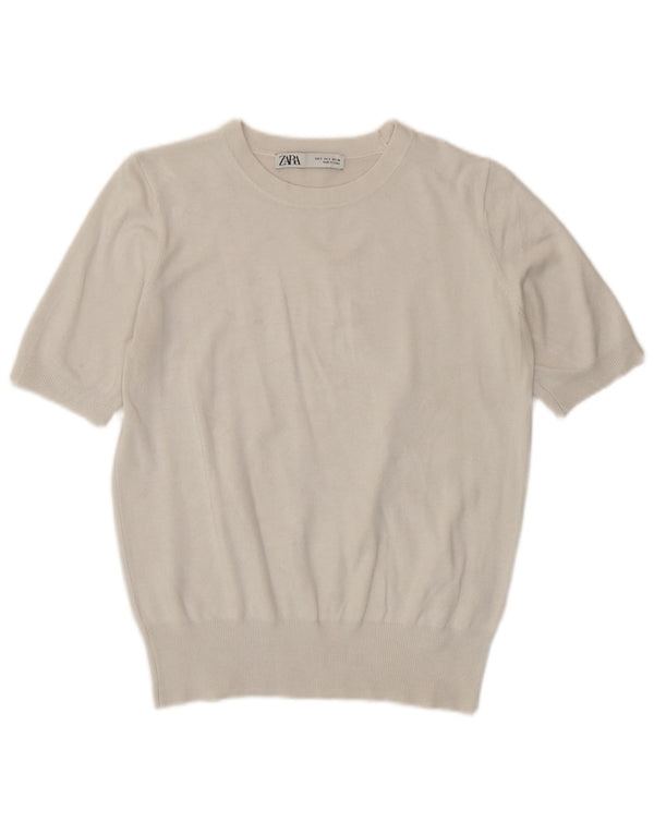 Zara Pull à manches courtes et col bateau pour femme UK 10 Small Blanc Viscose