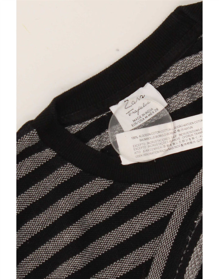 Zara Womens Graphic Top Manches Longues UK 14 Coton Rayé Noir Moyen