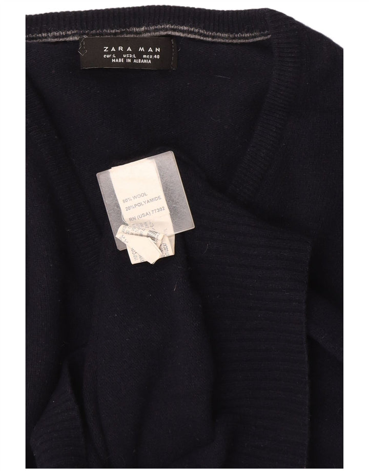 Zara Pull col V pour homme en laine bleu marine Large