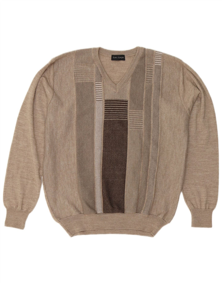 Les Corps Pull Col V Laine Rayé Beige Moyen Homme