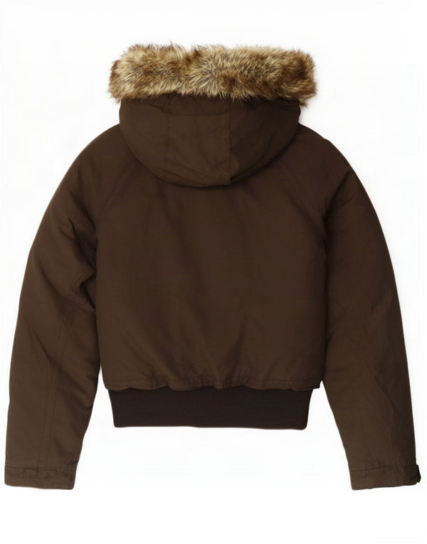 Woolrich Veste bomber rembourrée à capuche pour femme UK 14 Large Marron Coton