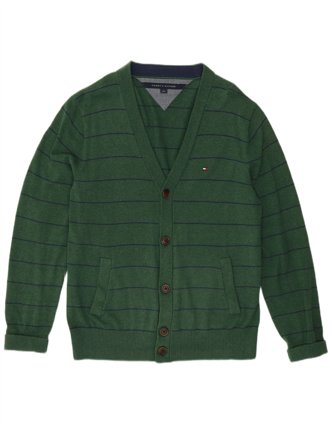Tommy Hilfiger Cardigan Pull Homme Vert Moyen Rayé Coton