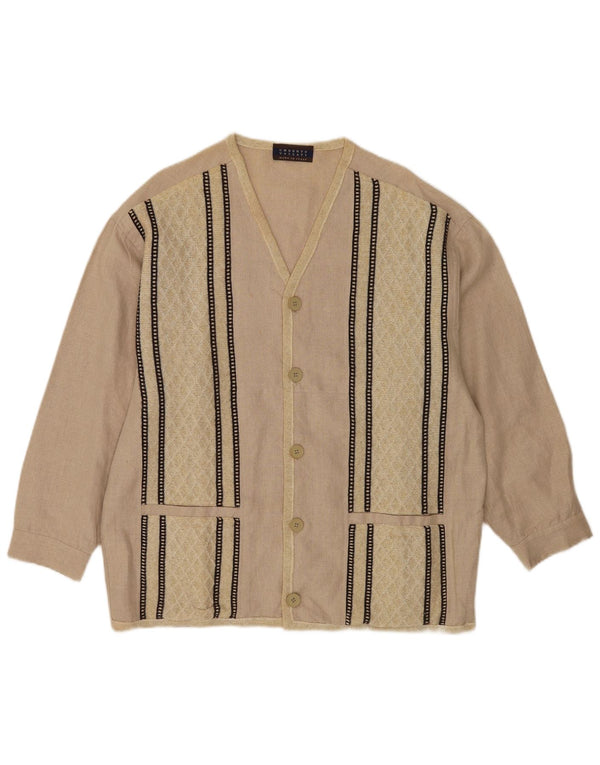 Umberto Vallati Homme Cardigan Pull Large Beige Rayé Coton