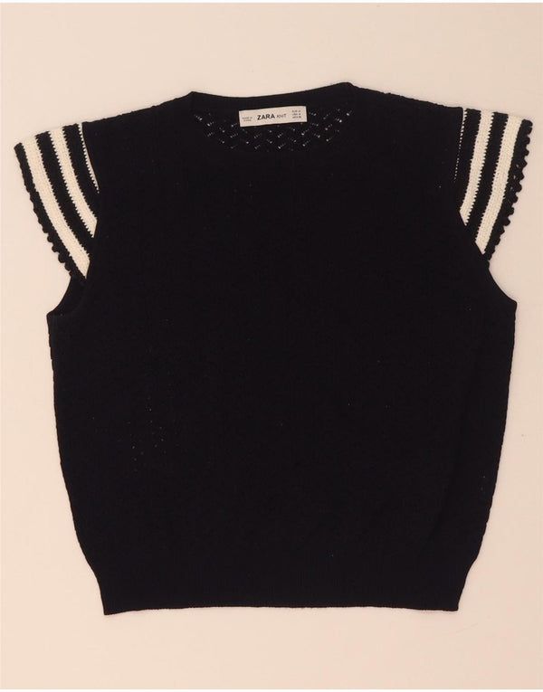 Zara Womens Crop Knit Blouse Top UK 12 Moyen Bleu Marine Rayé
