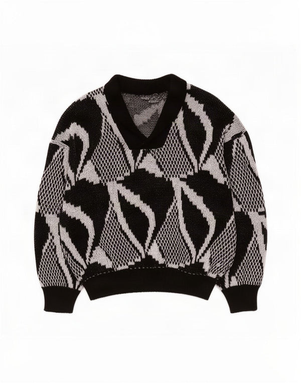 vintage Femmes V-Col Jumper Pull UK 20 2XL Noir Géométrique