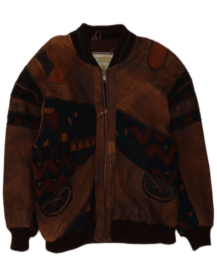 veste en cuir homme vintage IT 50 grand cuir géométrique marron