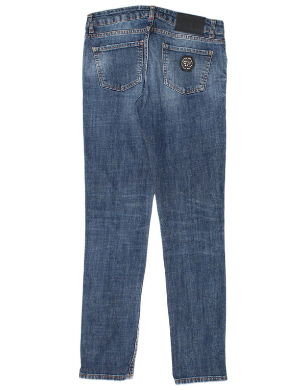 PHILIPP PLEIN Jean Slim Droit Effet Déchiré Femme W28 L30 Bleu Coton