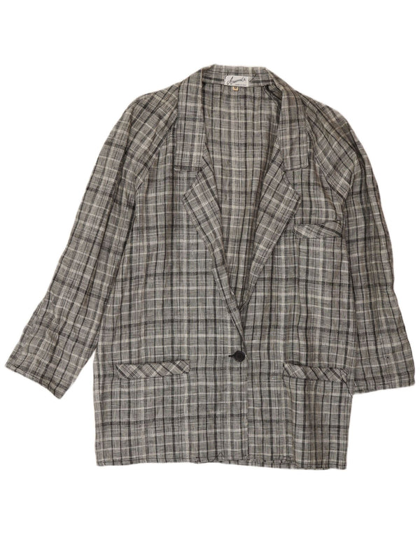 vintage Femmes Longline 1 Bouton Blazer Veste UK 14 Gris Moyen Check