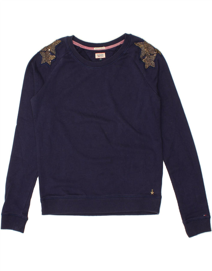 TOMMY HILFIGER Womens Graphic Sweatshirt Jumper UK 14 Medium Navy Blue Vintage Tommy Hilfiger and Second-Hand Tommy Hilfiger from Messina Hembry 