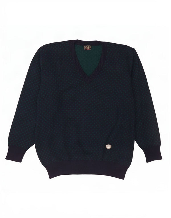 vintage Mens V-Col Jumper Pull XL Bleu Marine Géométrique Laine