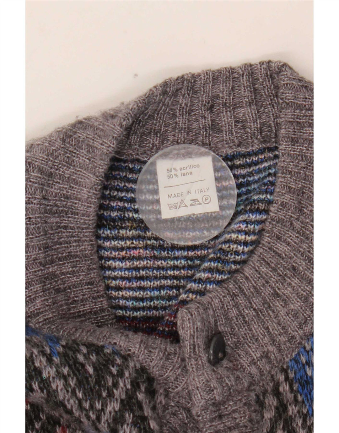 vintage Mens Cardigan Pull Moyen Gris Argyle/Diamant Acrylique