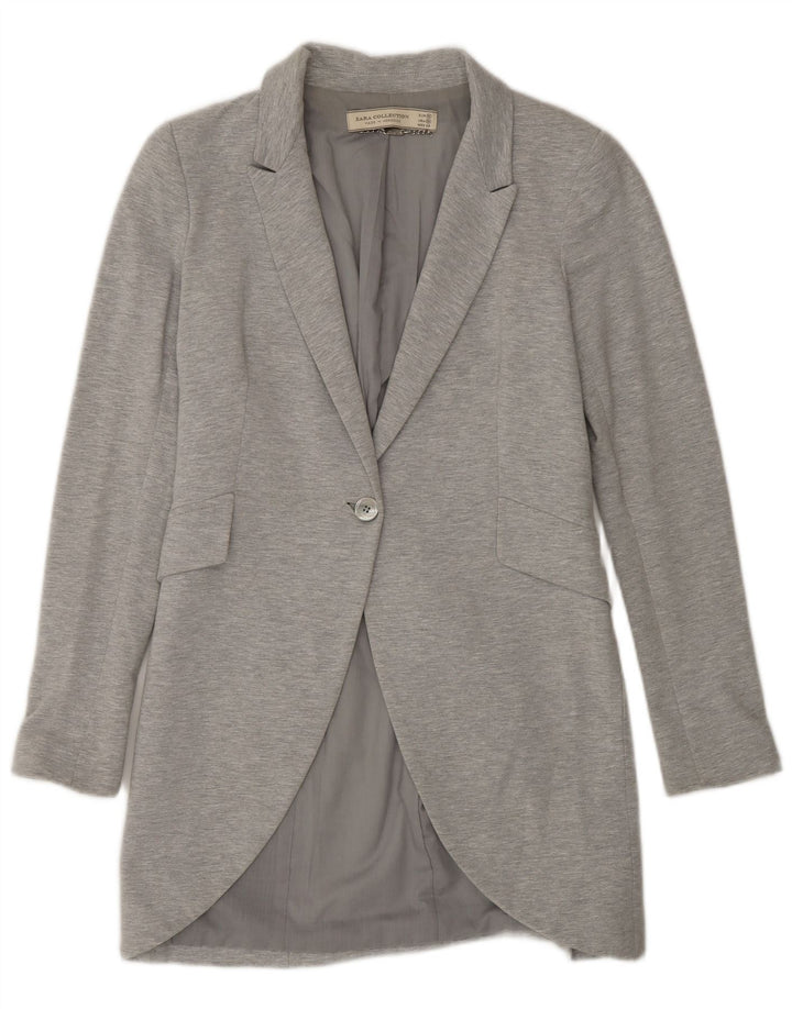 Zara Womens Longline 1 Button Blazer Jacket UK 12 Gris Moyen Coton