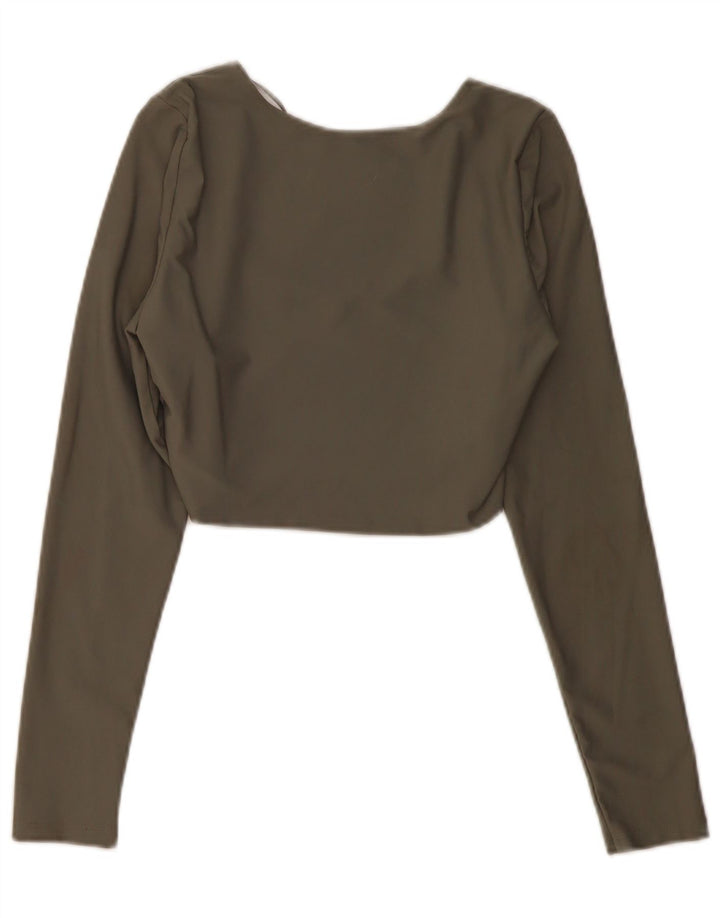 Zara Femme Crop Top Manches Longues UK 14 Large Kaki Polyamide