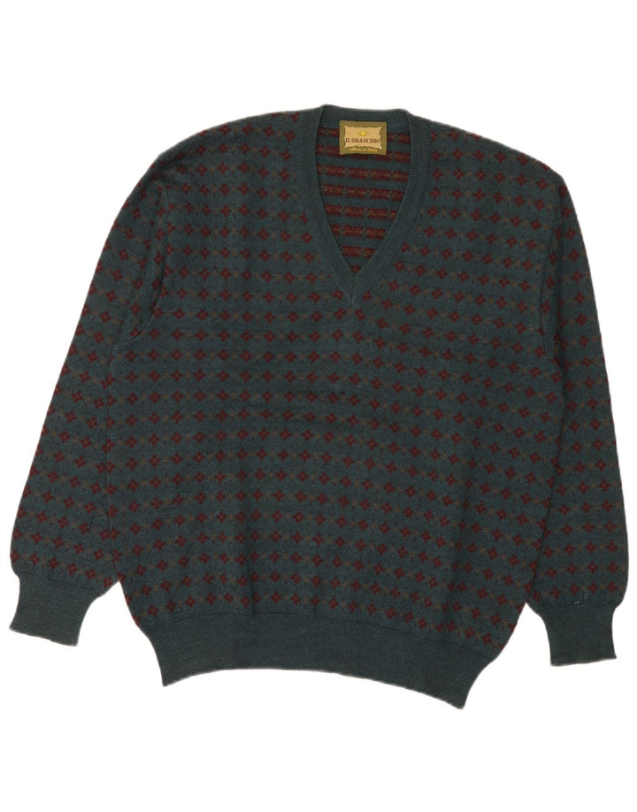 Il Granchio Pull Col V Homme Vert Moyen Laine Fair Isle