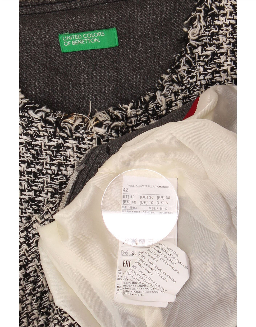 BENETTON Veste blazer courte ouverte pour femme UK 10 Petit pied-de-poule gris