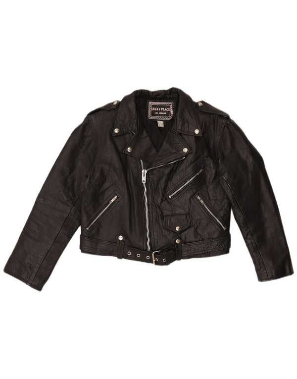 vintage Womens Crop Leather Biker Jacket UK 18 XL Cuir Noir
