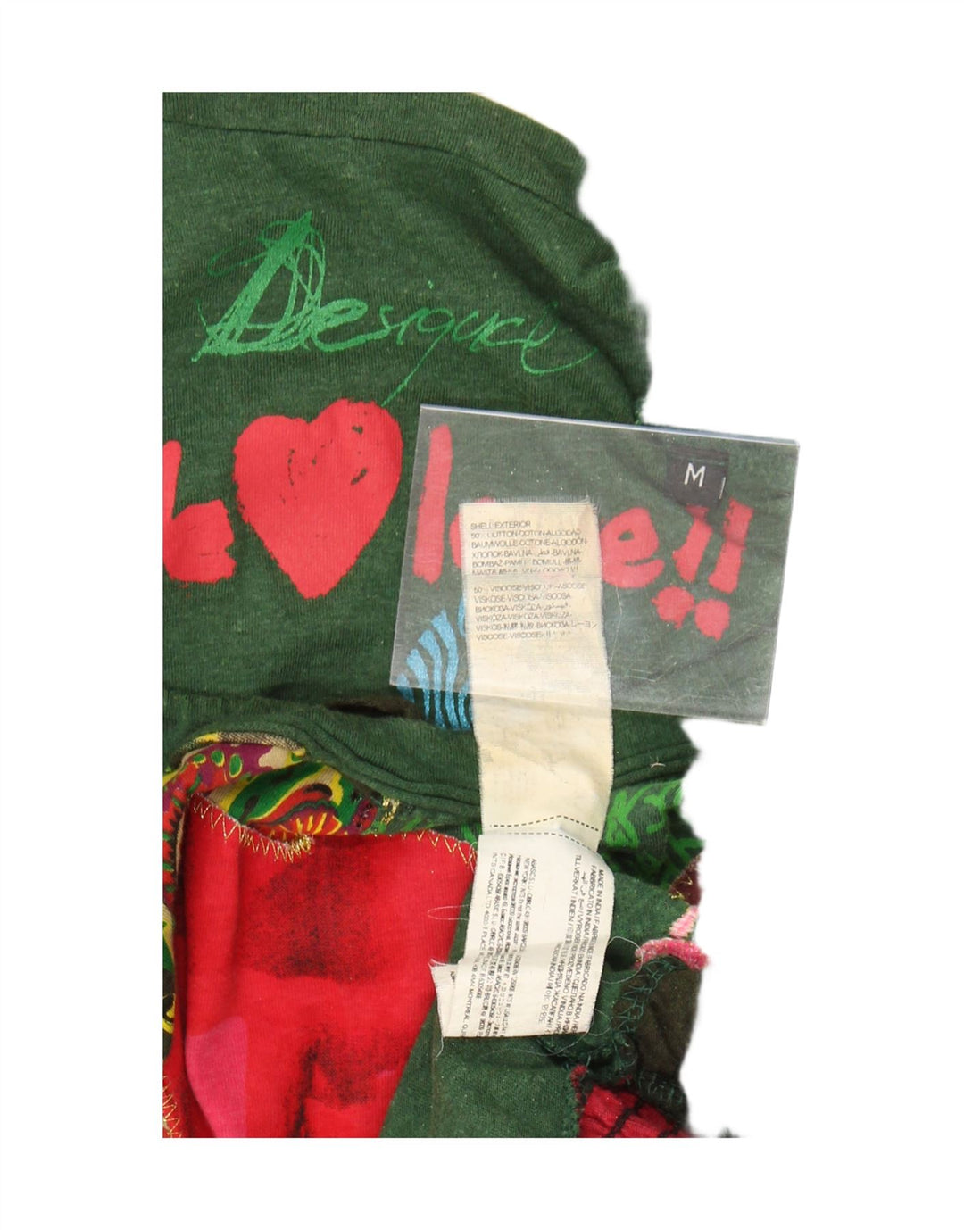 Desigual Femme Graphic Top Manches Longues UK 14 Vert Moyen Coton