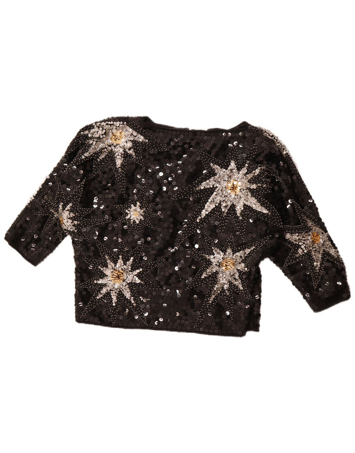 VINTAGE Femmes Motif Abstrait 3/4 Manches Blouse Top EU 42 Grand Noir