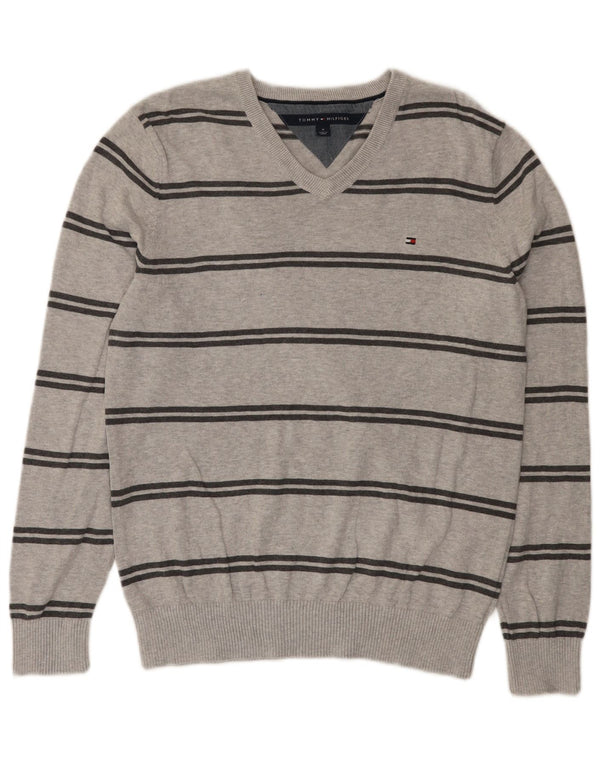 Tommy Hilfiger Pull Col V Homme Gris Moyen Rayé Coton