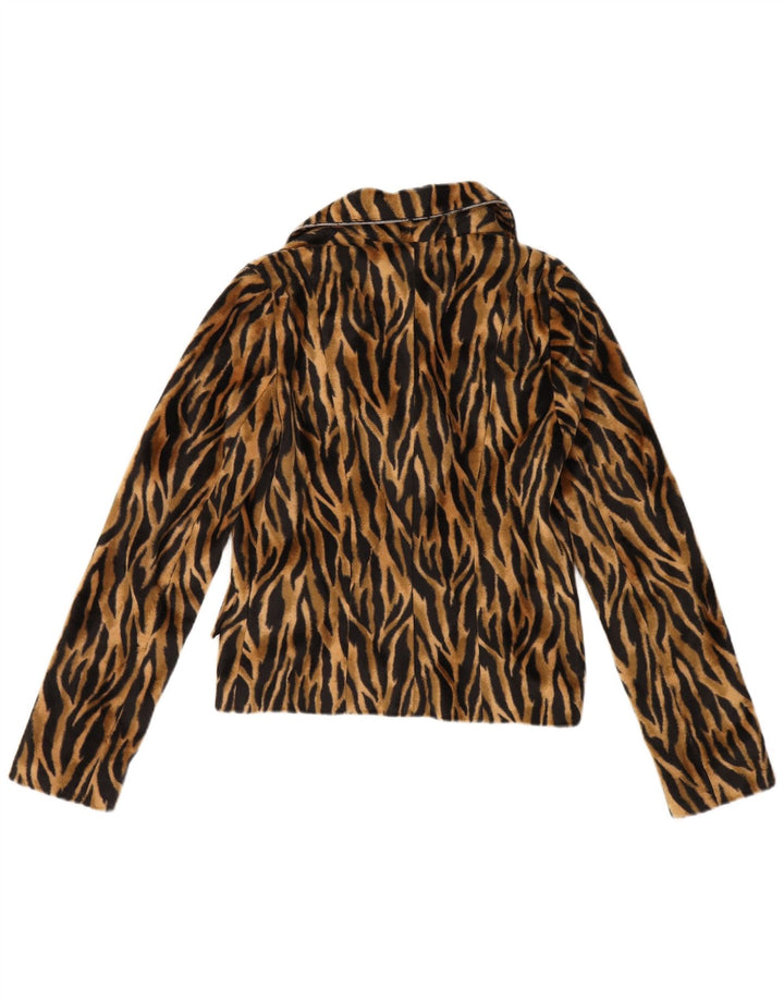 VINTAGE Femme 2 Bouton Blazer Veste EU 36 Petit Imprimé Animal Brun