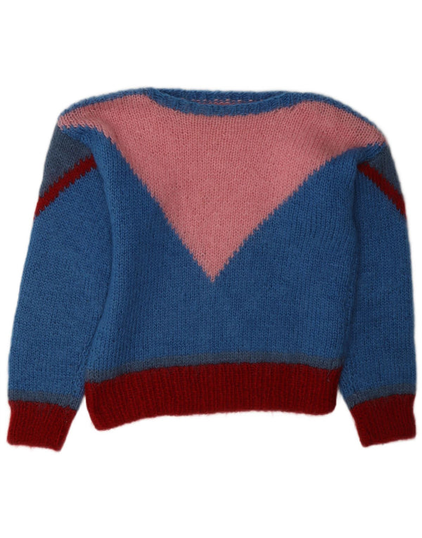 vintage Womens Boat Neck Jumper Pull UK 14 Medium Blue Colourblock