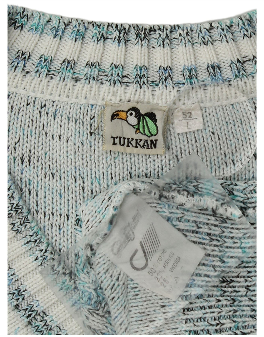 vintage Mens V-Col Jumper Sweater IT 52 Grand Bleu Géométrique Coton