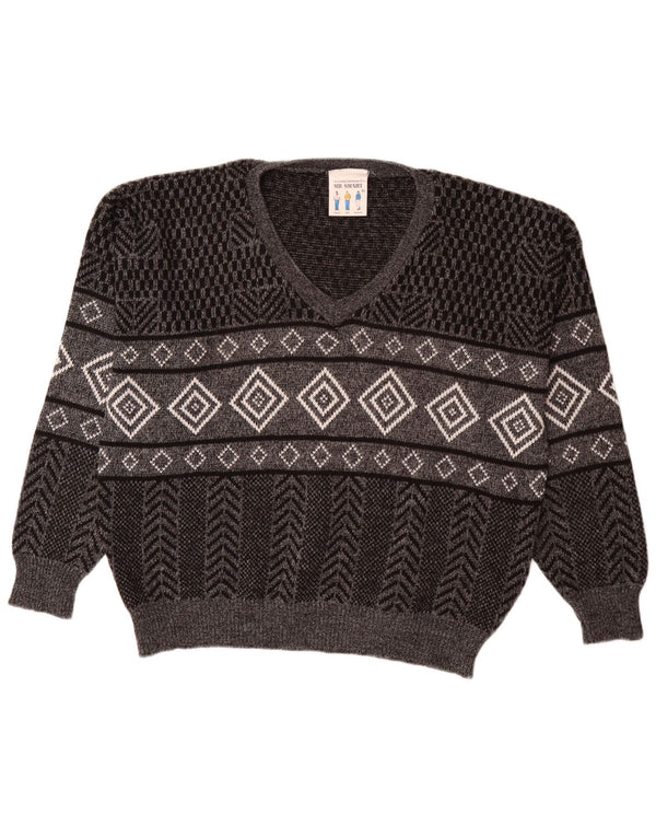 vintage Mens V-neck Jumper Sweater XL Gris Géométrique Acrylique