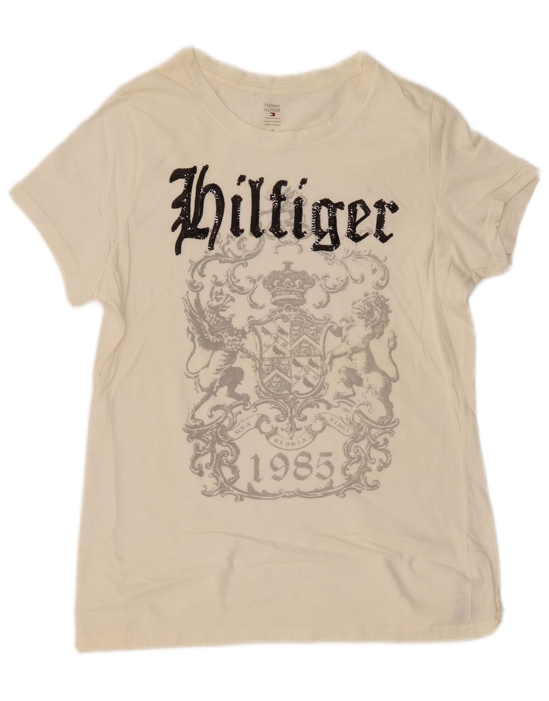 TOMMY HILFIGER T-shirt graphique pour femme UK 12 Medium Off White Cotton