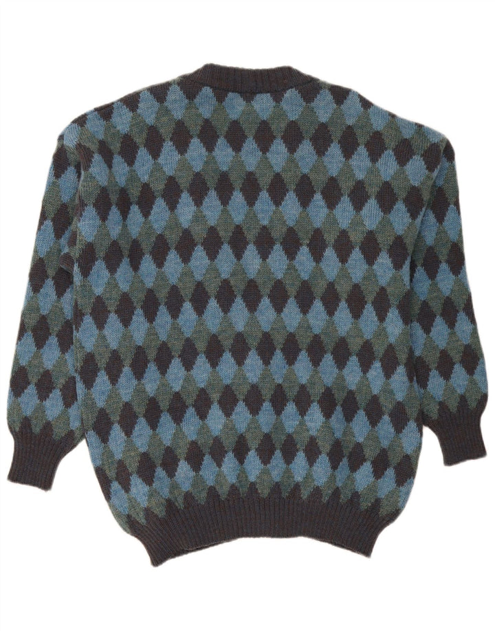 vintage Homme Cardigan Pull XL Bleu Argyle/Diamant