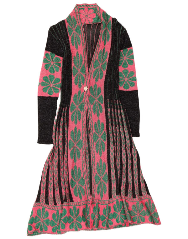 vintage Femmes Longline Cardigan Pull UK 8 Petit Noir Floral
