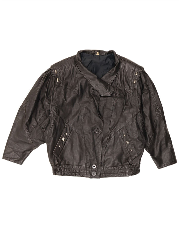 VINTAGE Veste en cuir femme EU 38 Moyen Noir
