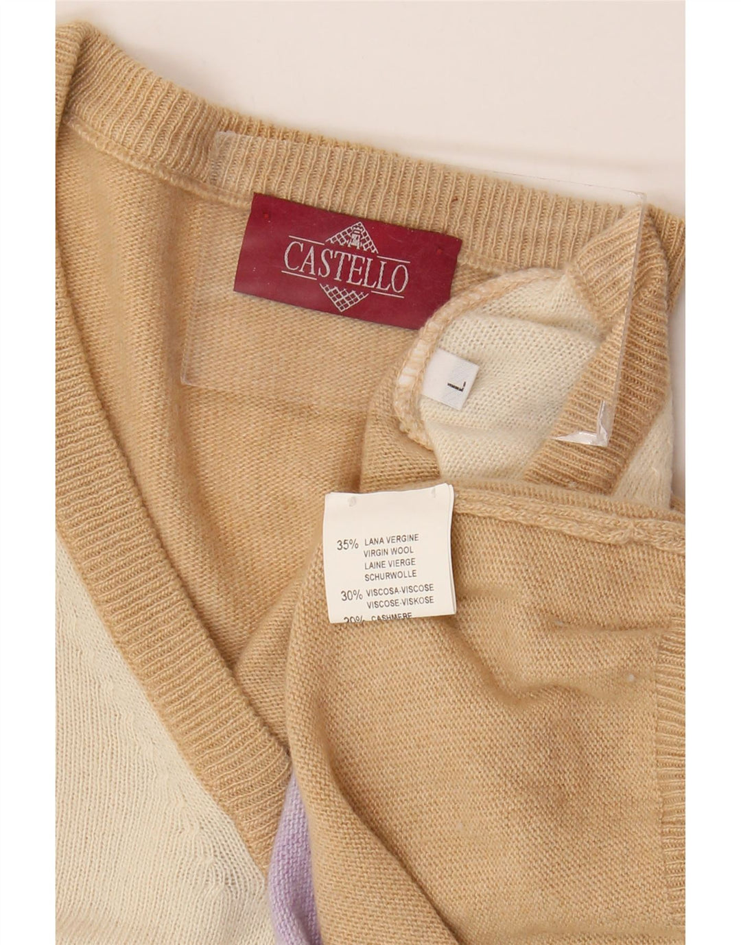 Castello Pull col V pour homme en laine vierge à losanges/diamants Beige Large