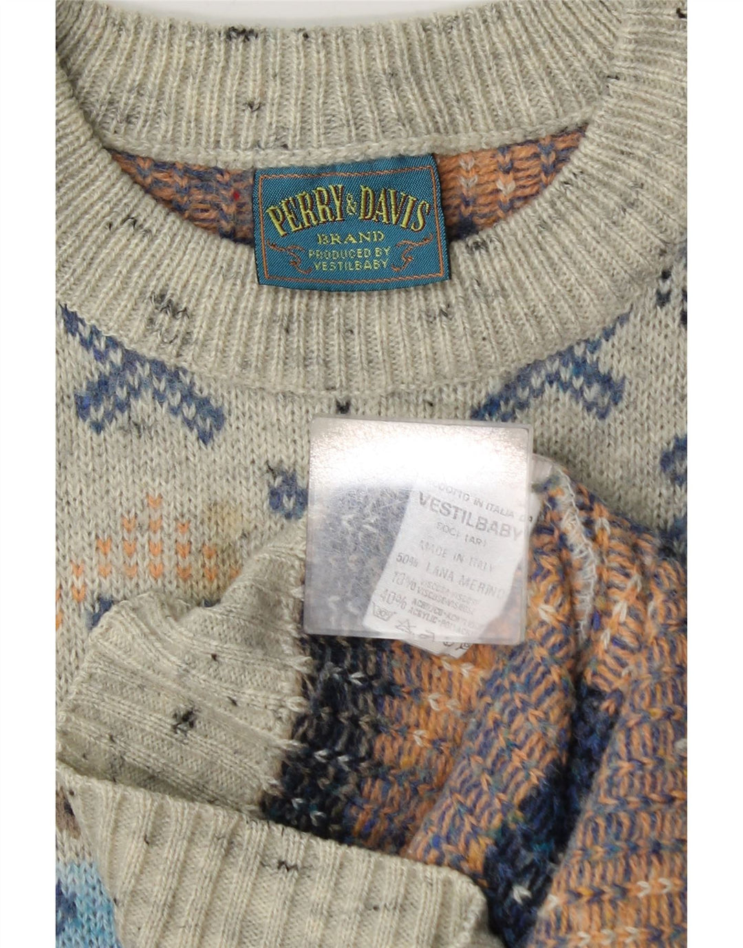 vintage Mens Boat Neck Jumper Pull Moyen Gris Géométrique Laine