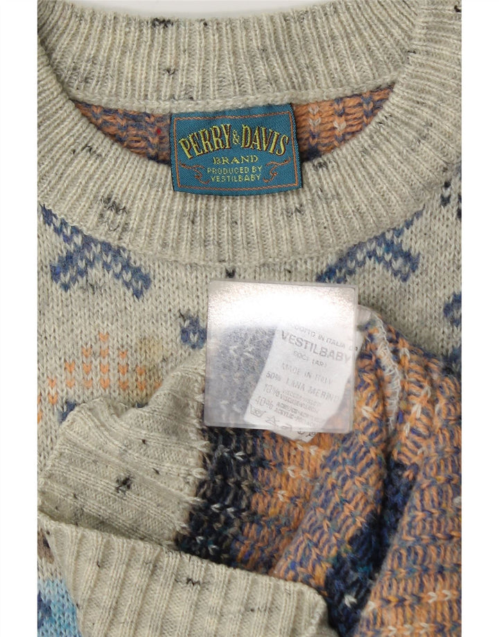 vintage Mens Boat Neck Jumper Pull Moyen Gris Géométrique Laine