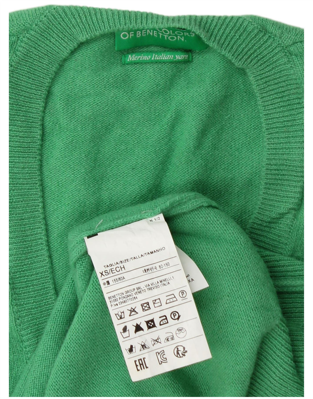 BENETTON Pull col V pour femme UK 6 XS Laine vierge verte