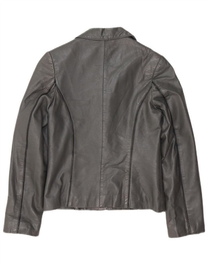 vintage Womens Crop 3 Button Leather Blazer Jacket UK 8 Petit cuir gris